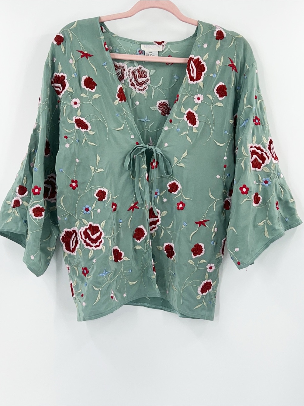 Vintage Floral Embroidered 100% Silk Green Kimono Blouse size Small
